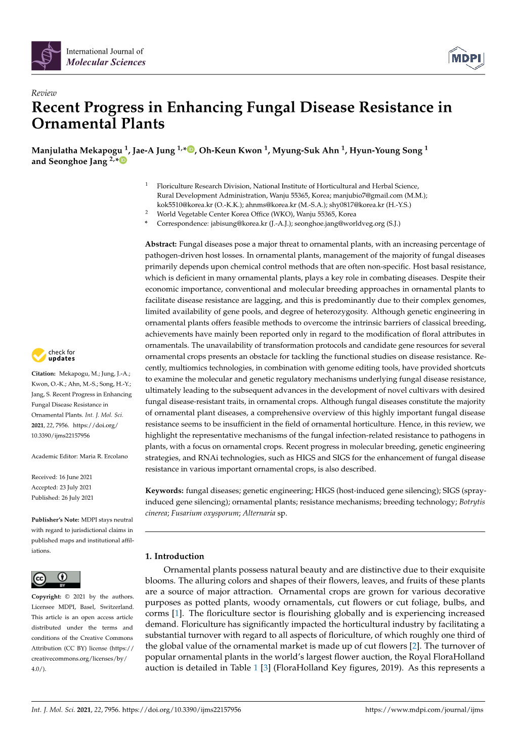 Recent Progress in Enhancing Fungal Disease Resistance in Ornamental Plants