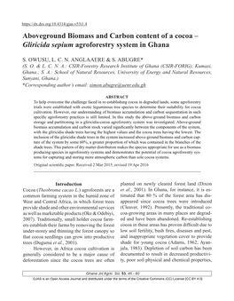 Aboveground Biomass and Carbon Content of a Cocoa – Gliricida Sepium Agroforestry System in Ghana