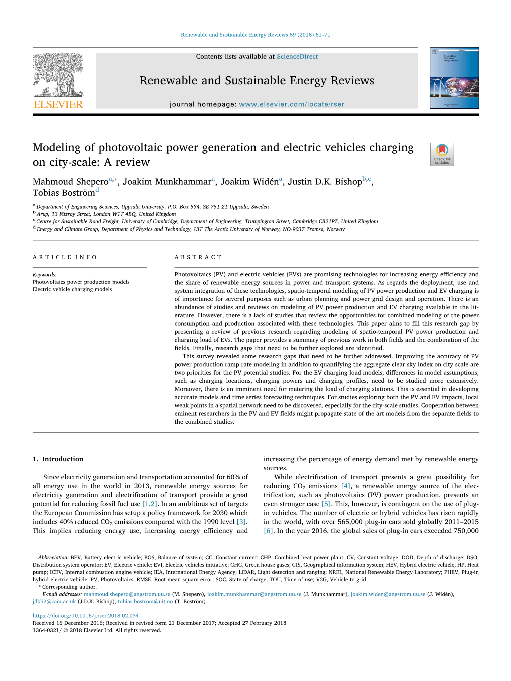 Modeling of Photovoltaic Power Generation and Electric Vehicles Charging T on City-Scale: a Review ⁎ Mahmoud Sheperoa, , Joakim Munkhammara, Joakim Widéna, Justin D.K