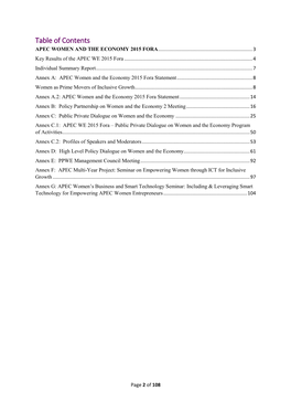 Table of Contents APEC WOMEN and the ECONOMY 2015 FORA