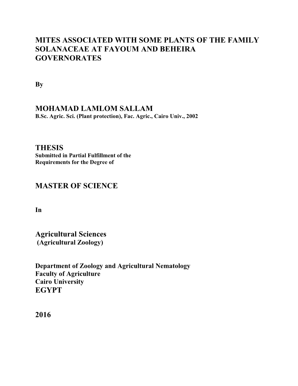 Mites Associated with Some Plants of the Family Solanaceae at Fayoum and Beheira Governorates