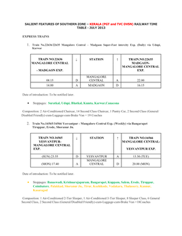 SALIENT FEATURES of SOUTHERN ZONE – KERALA (PGT and TVC DVSN) RAILWAY TIME TABLE - JULY 2013