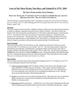 Laws of the Three Weeks, Nine Days, and Tishah B'av 5779