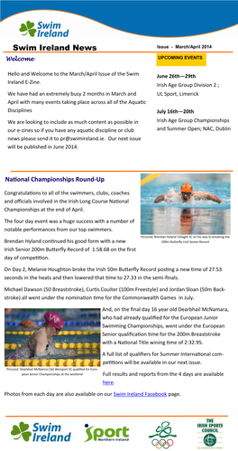 Swim Ireland News Issue - March/April 2014 Welcome UPCOMING EVENTS