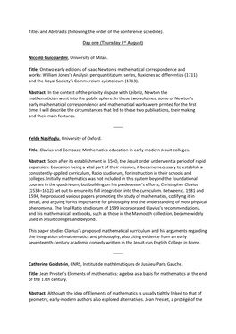 Titles and Abstracts (Following the Order of the Conference Schedule)