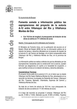 Fomento Somete a Información Pública Las Expropiaciones Del Proyecto De La Autovía A-12 Entre Villamayor Del Río Y Villafranca Montes De Oca