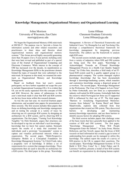Knowledge Management, Organizational Memory and Organizational Learning