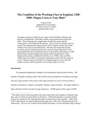 The Condition of the Working-Class in England, 1200- 2000: Magna Carta to Tony Blair1