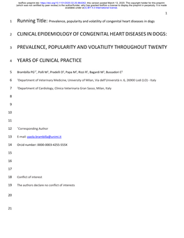Clinical Epidemiology of Congenital Heart Diseases in Dogs