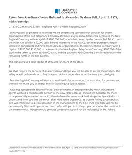 Letter from Gardiner Greene Hubbard to Alexander Graham Bell, April 16, 1878, with Transcript