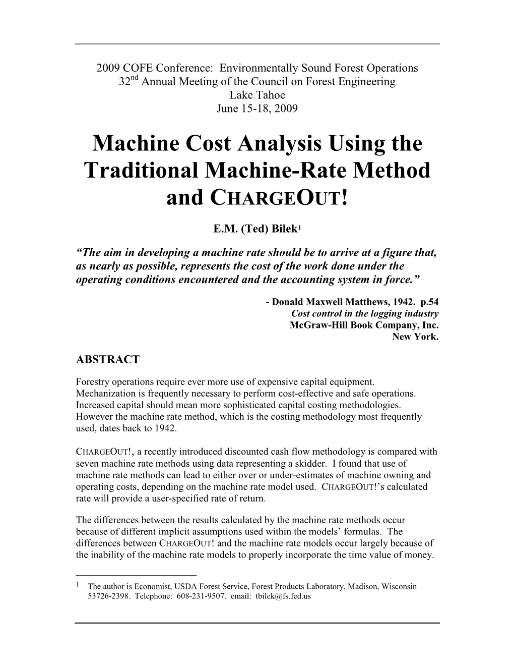 Machine Cost Analysis Using the Traditional Machine-Rate Method and CHARGEOUT!