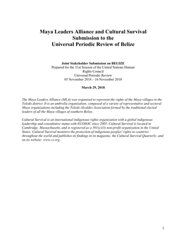 Maya Leaders Alliance and Cultural Survival Submission to the Universal Periodic Review of Belize
