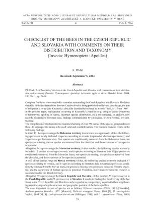 Checklist of the Bees in the Czech Republic and Slovakia with Comments on Their Distribution and Taxonomy (Insecta: Hymenoptera: Apoidea)