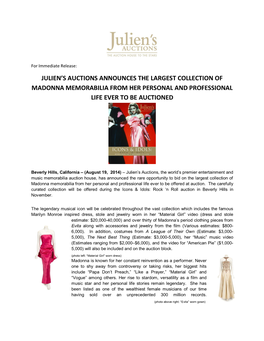 Julien's Auctions Announces the Largest Collection of Madonna Memorabilia from Her Personal and Professional Life Ever to Be A