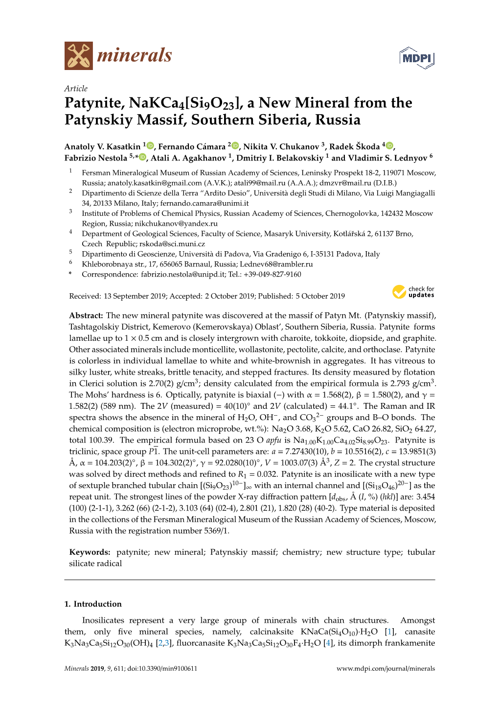 Patynite, Nakca4 [Si9o23], a New Mineral from the Patynskiy Massif