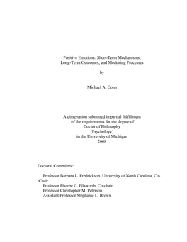 Positive Emotions: Short-Term Mechanisms, Long-Term Outcomes, and Mediating Processes