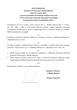 POSTANOWIENIE Komisarza Wyborczego W Bielsku-Białej II Z Dnia 10 Września 2018 R