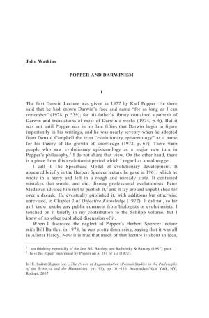 John Watkins POPPER and DARWINISM I the First Darwin