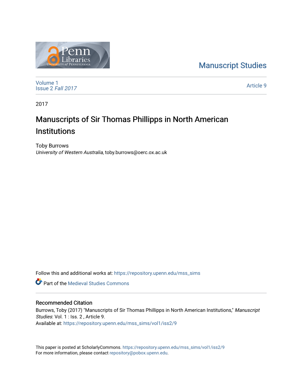 Manuscripts of Sir Thomas Phillipps in North American Institutions