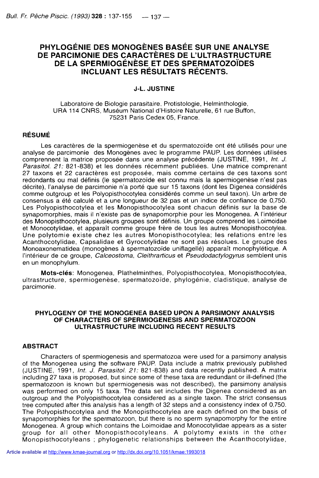 Phylogénie Des Monogènes Basée Sur Une Analyse De Parcimonie Des