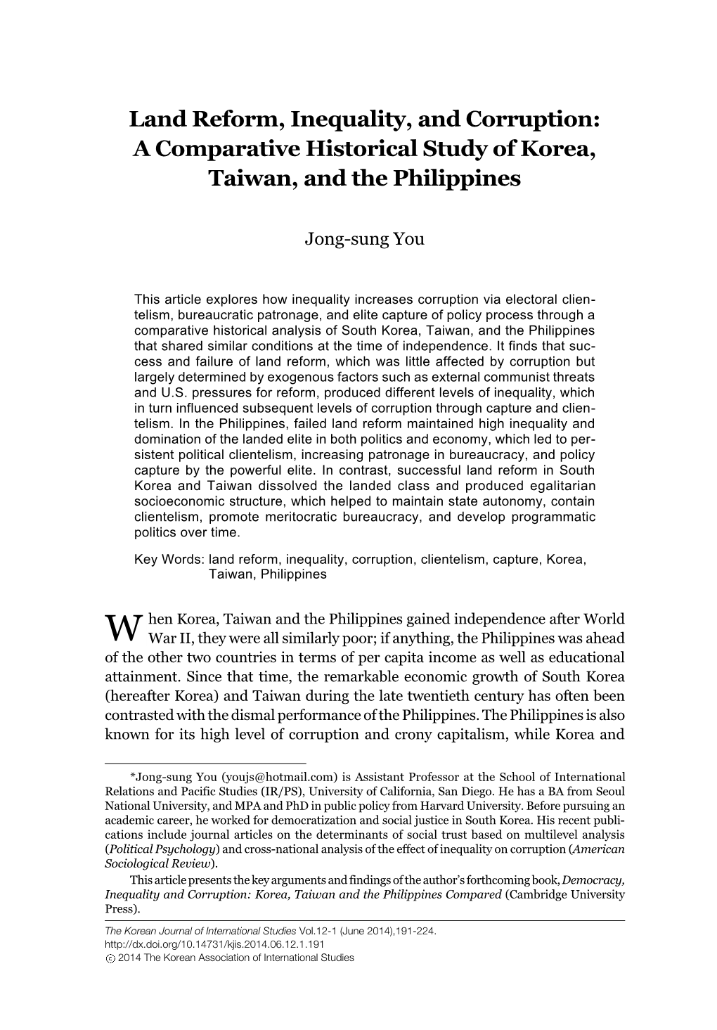 Land Reform, Inequality, and Corruption: a Comparative Historical Study of Korea, Taiwan, and the Philippines