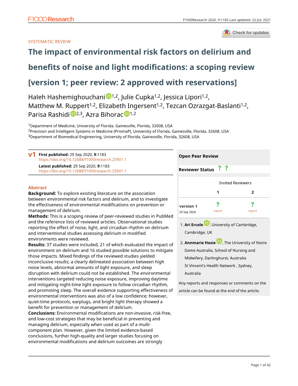 The Impact of Environmental Risk Factors on Delirium and Benefits of Noise and Light Modifications