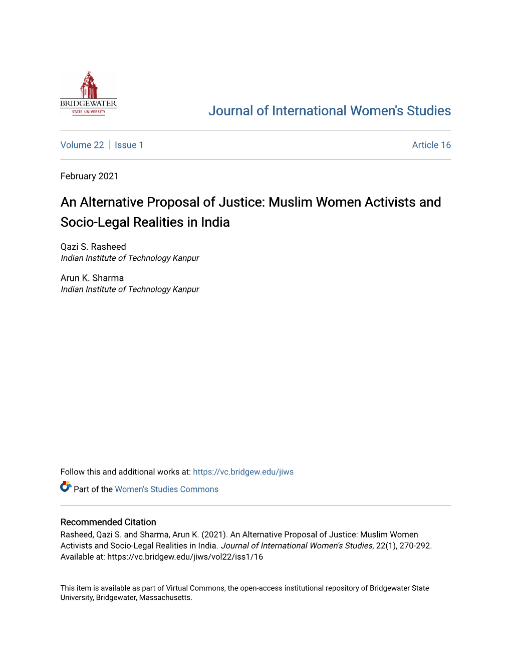 An Alternative Proposal of Justice: Muslim Women Activists and Socio-Legal Realities in India