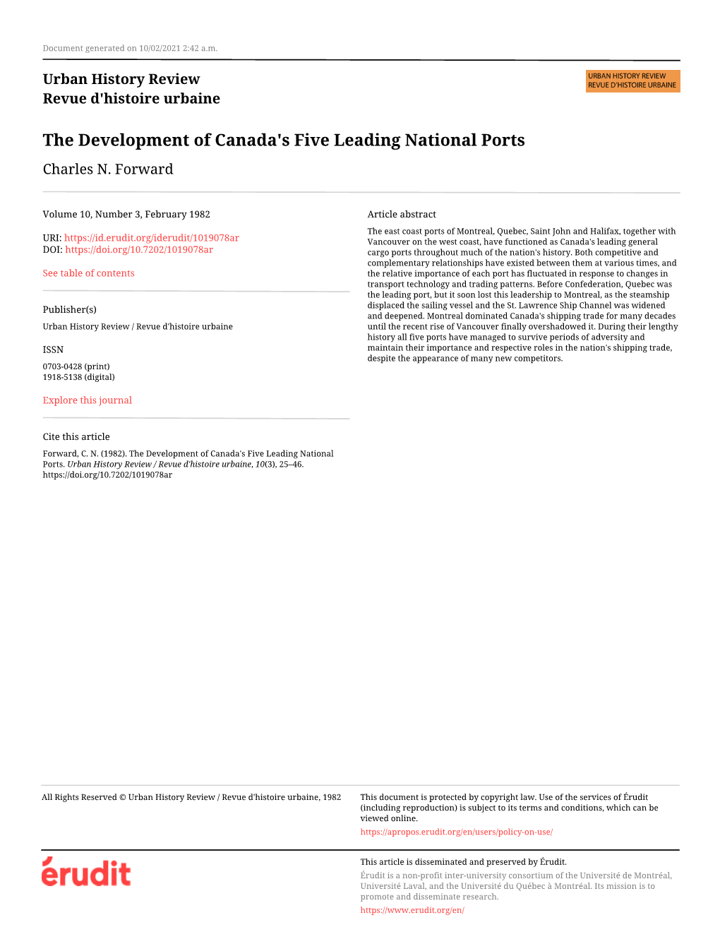 The Development of Canada's Five Leading National Ports Charles N
