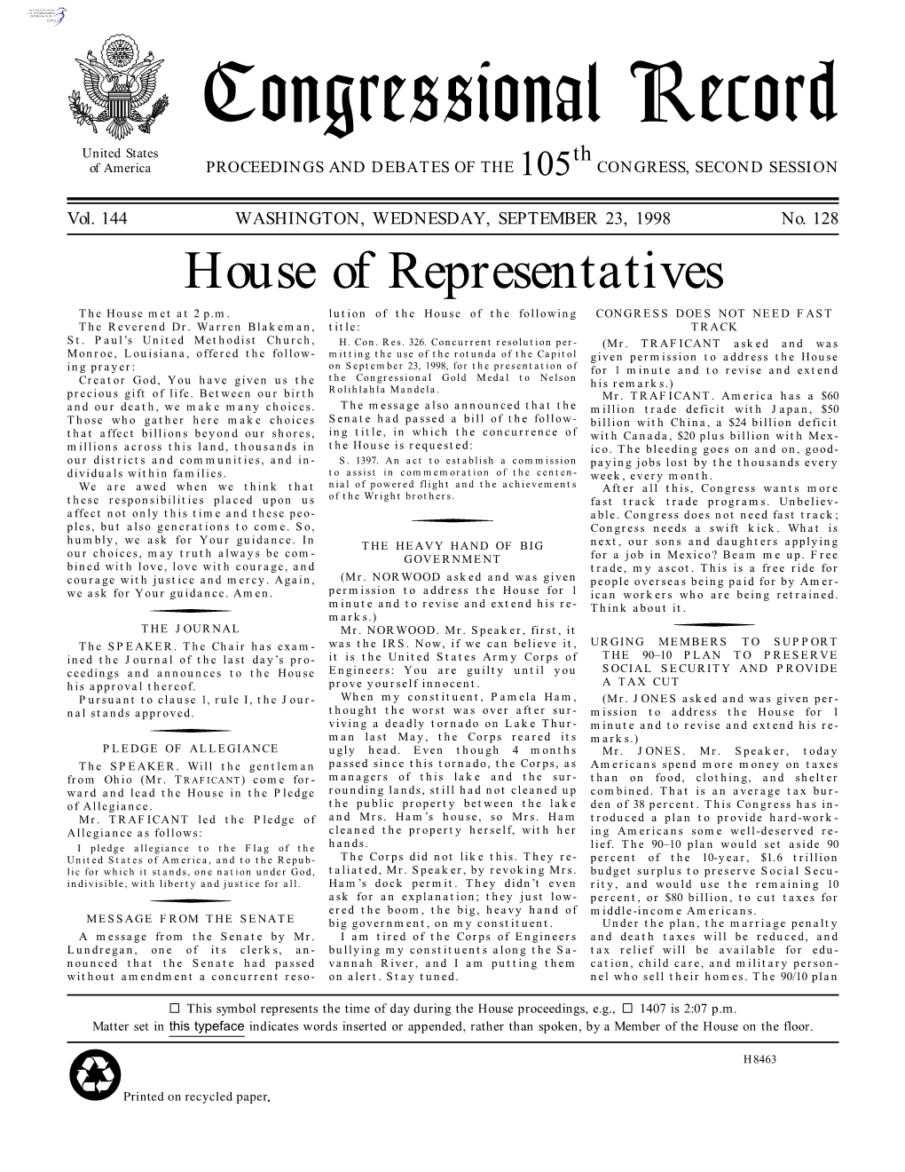 Congressional Record United States Th of America PROCEEDINGS and DEBATES of the 105 CONGRESS, SECOND SESSION