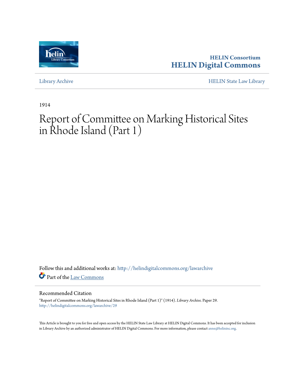 Report of Committee on Marking Historical Sites in Rhode Island (Part 1)