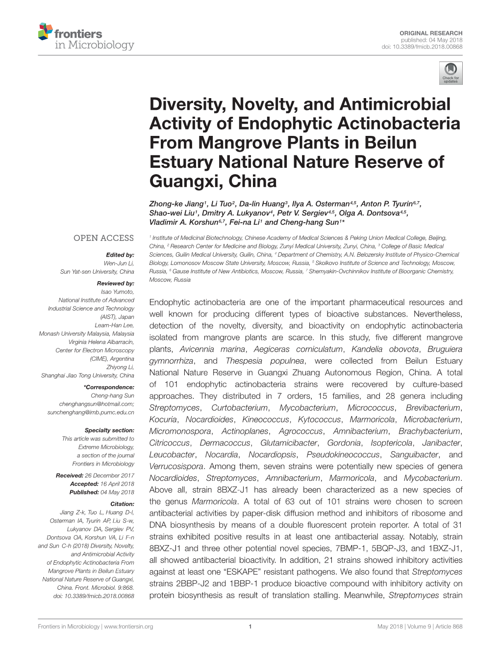 Diversity, Novelty, and Antimicrobial Activity of Endophytic Actinobacteria from Mangrove Plants in Beilun Estuary National Nature Reserve of Guangxi, China