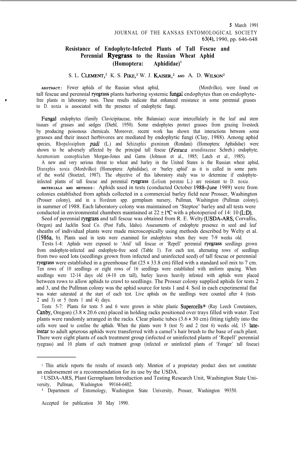 Resistance of Endophyte-Infected Plants of Tall Fescue and Perennial Ryegrass to the Russian Wheat Aphid (Homoptera: Aphididae)’