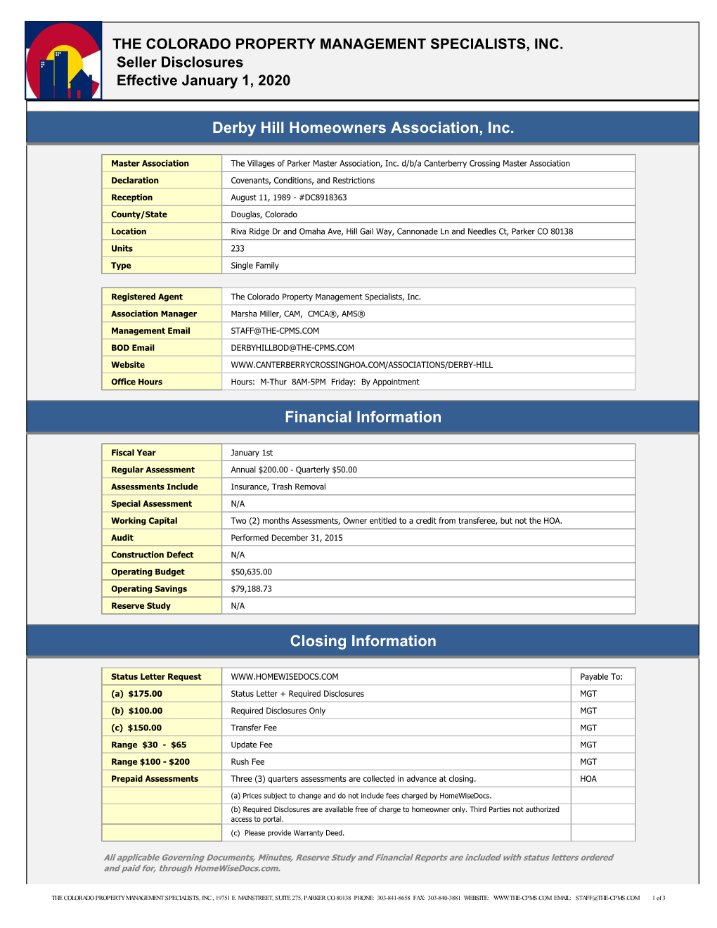 Derby Hill Homeowners Association, Inc. Financial Information Closing Information