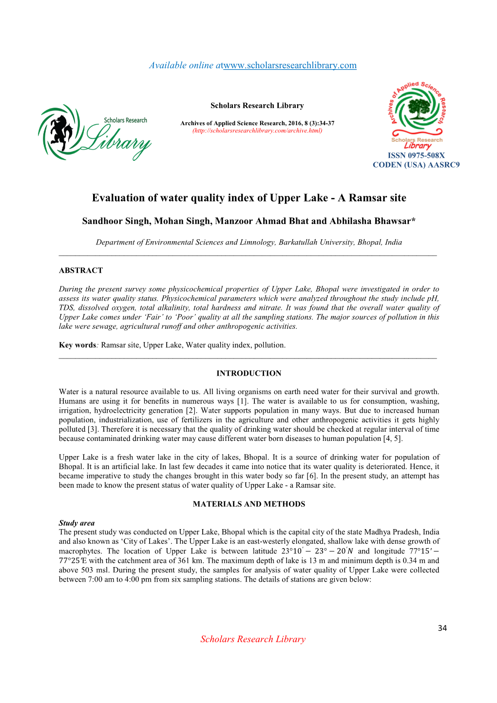 Evaluation of Water Quality Index of Upper Lake - a Ramsar Site