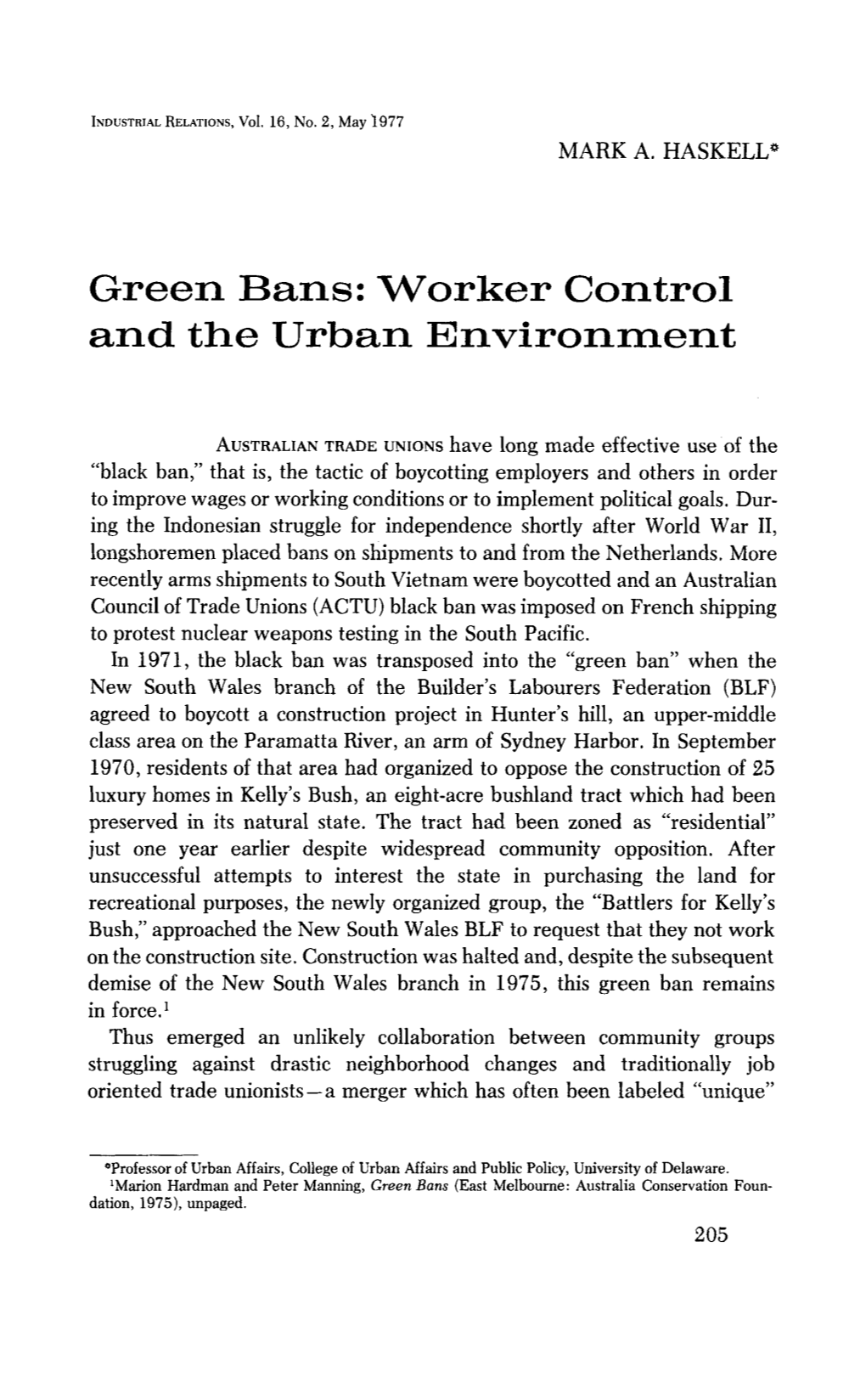 Green Bans: Worker Control and the Urban Environment