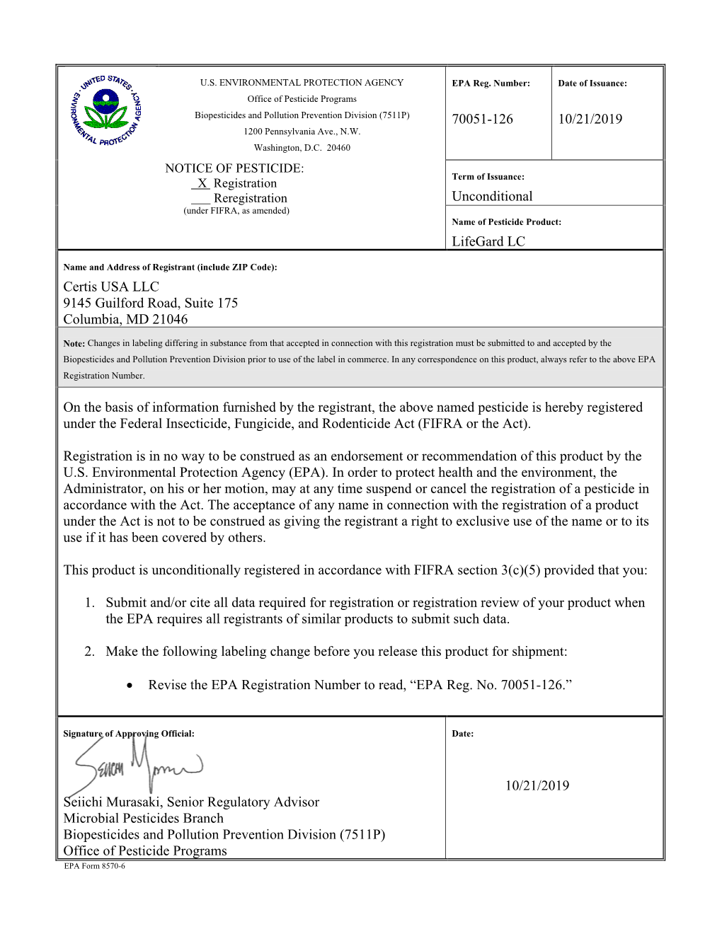 US EPA, Pesticide Product Label, Lifegard LC,10/21/2019