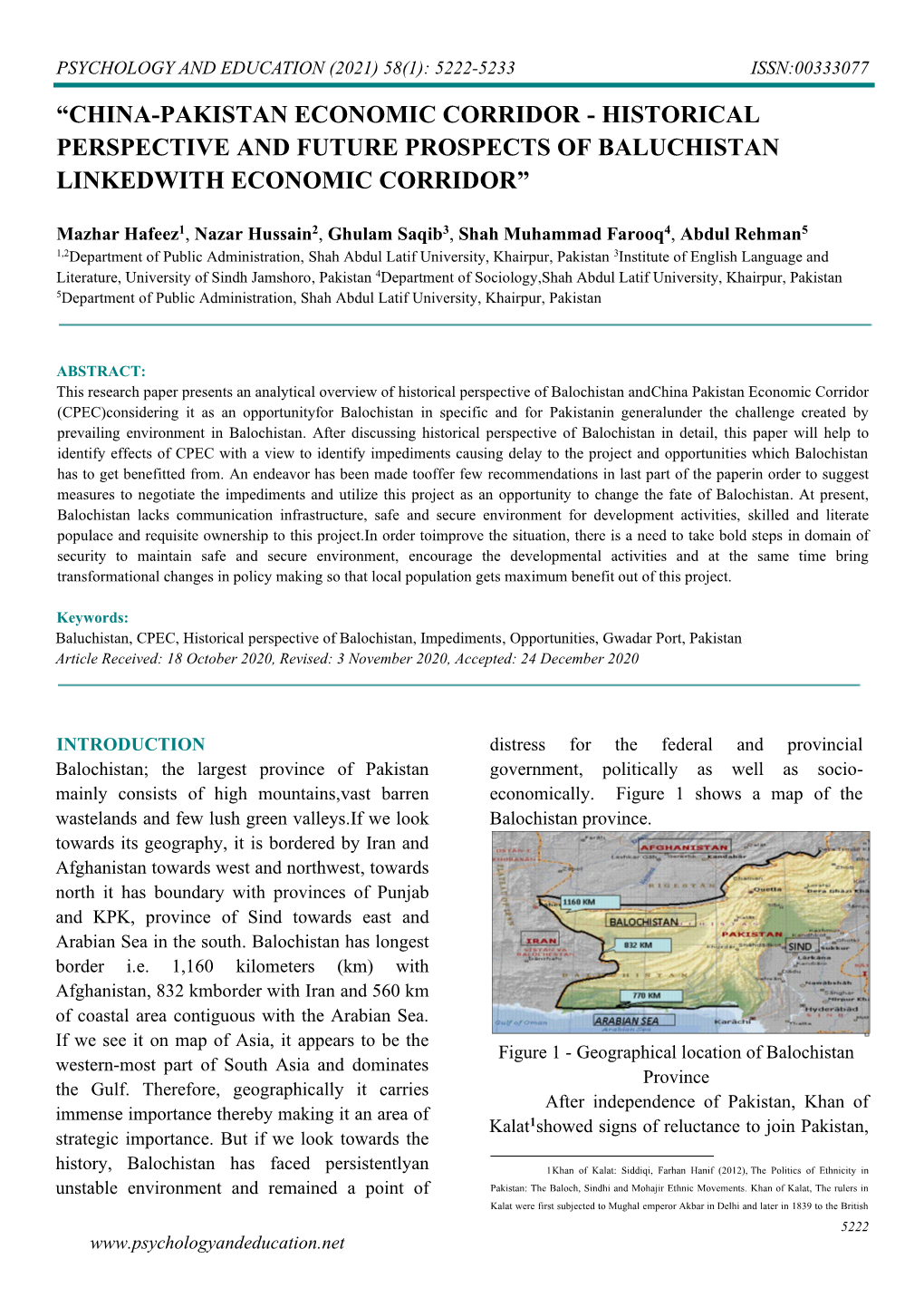 “China-Pakistan Economic Corridor - Historical Perspective and Future Prospects of Baluchistan Linkedwith Economic Corridor”