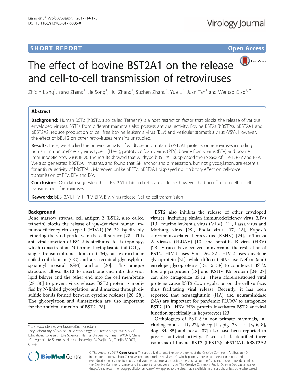 The Effect of Bovine BST2A1 on the Release and Cell-To-Cell Transmission of Retroviruses