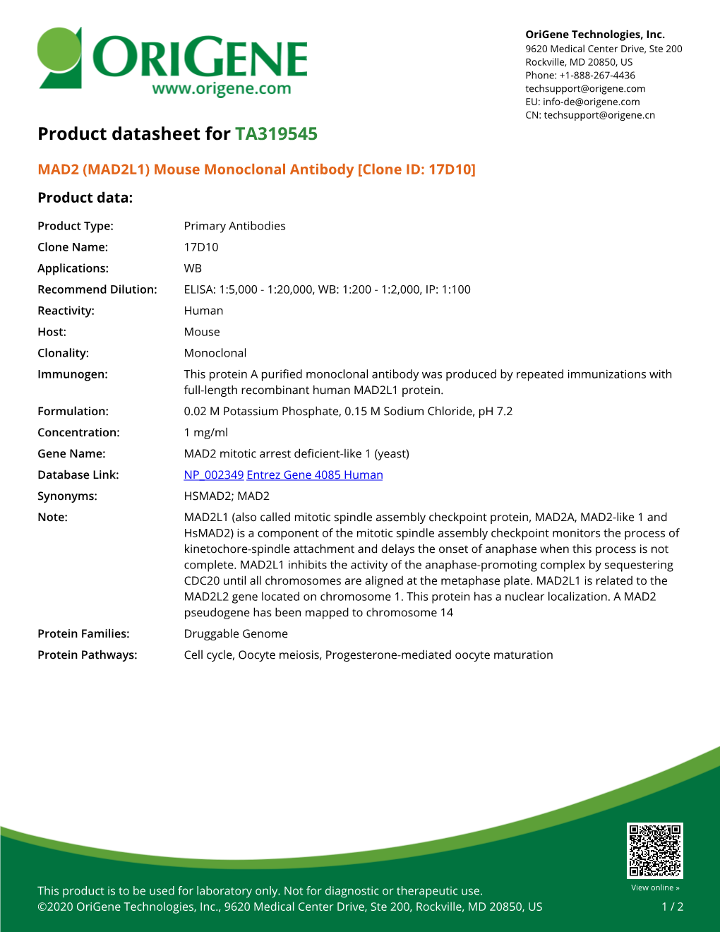 MAD2 (MAD2L1) Mouse Monoclonal Antibody [Clone ID: 17D10] Product Data