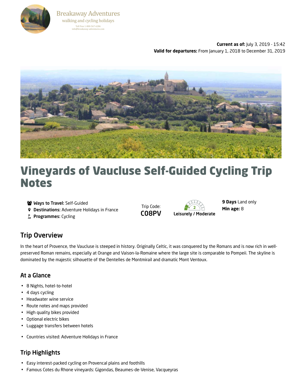 Vineyards of Vaucluse Self-Guided Cycling Trip Notes