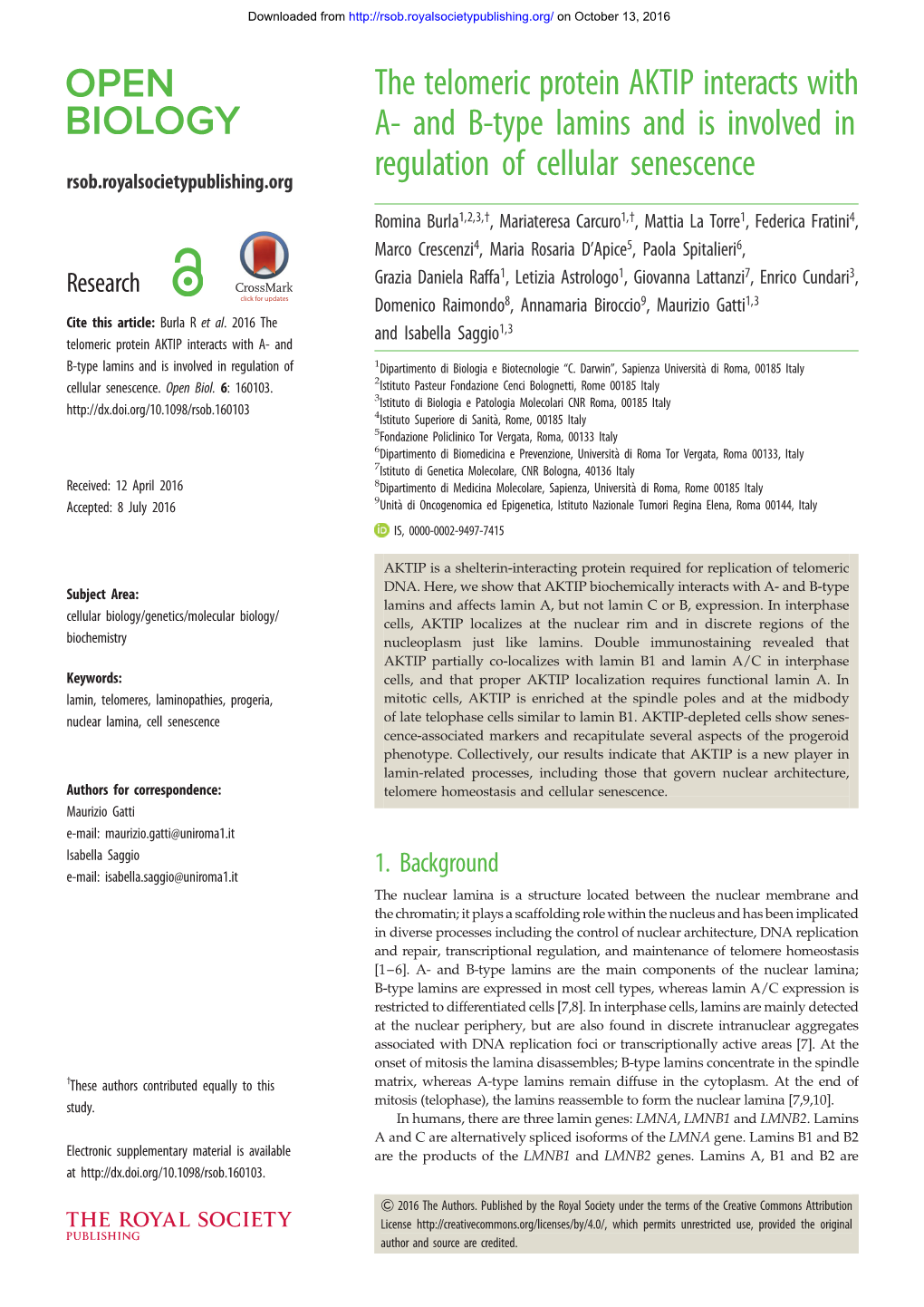 The Telomeric Protein AKTIP Interacts with A- and B-Type Lamins and Is