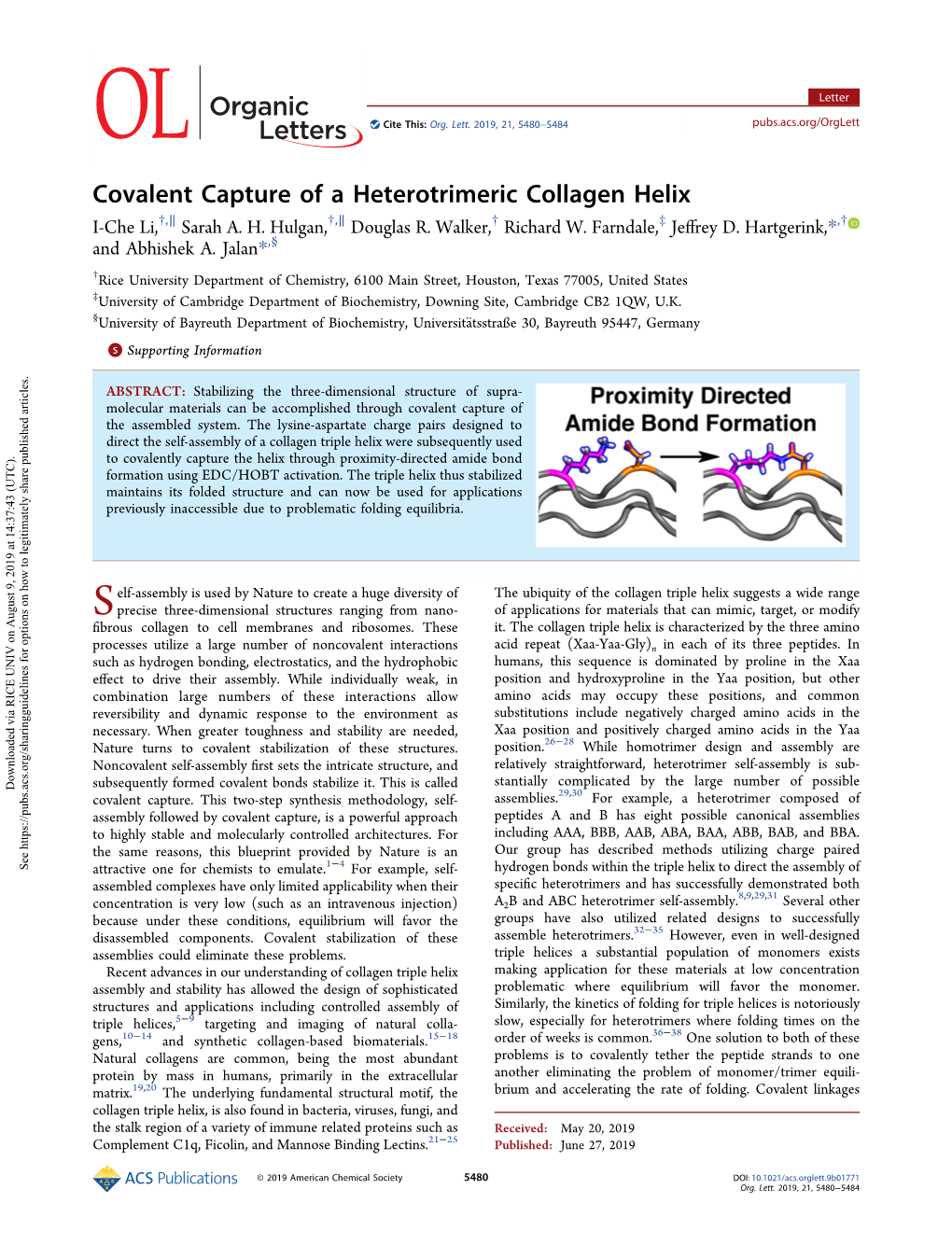 Covalent Capture of a Heterotrimeric Collagen Helix † ∥ † ∥ † ‡ † I-Che Li, , Sarah A