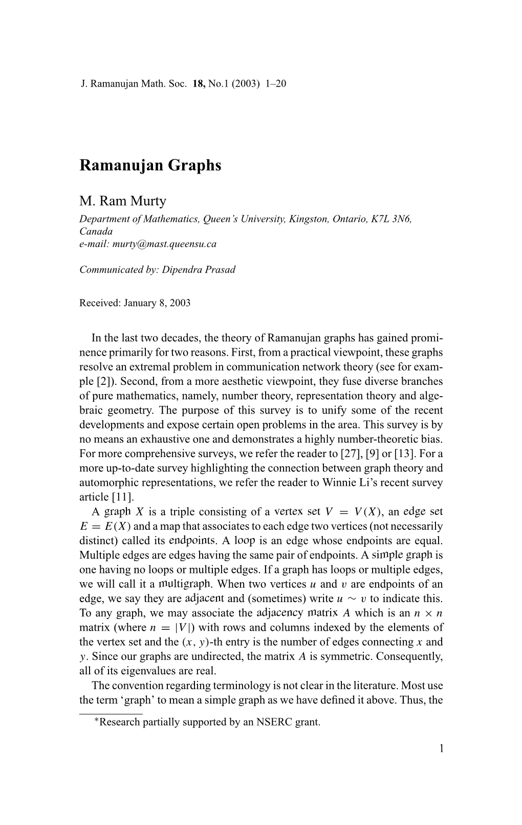 Ramanujan Graphs (M. Ram Murty, )