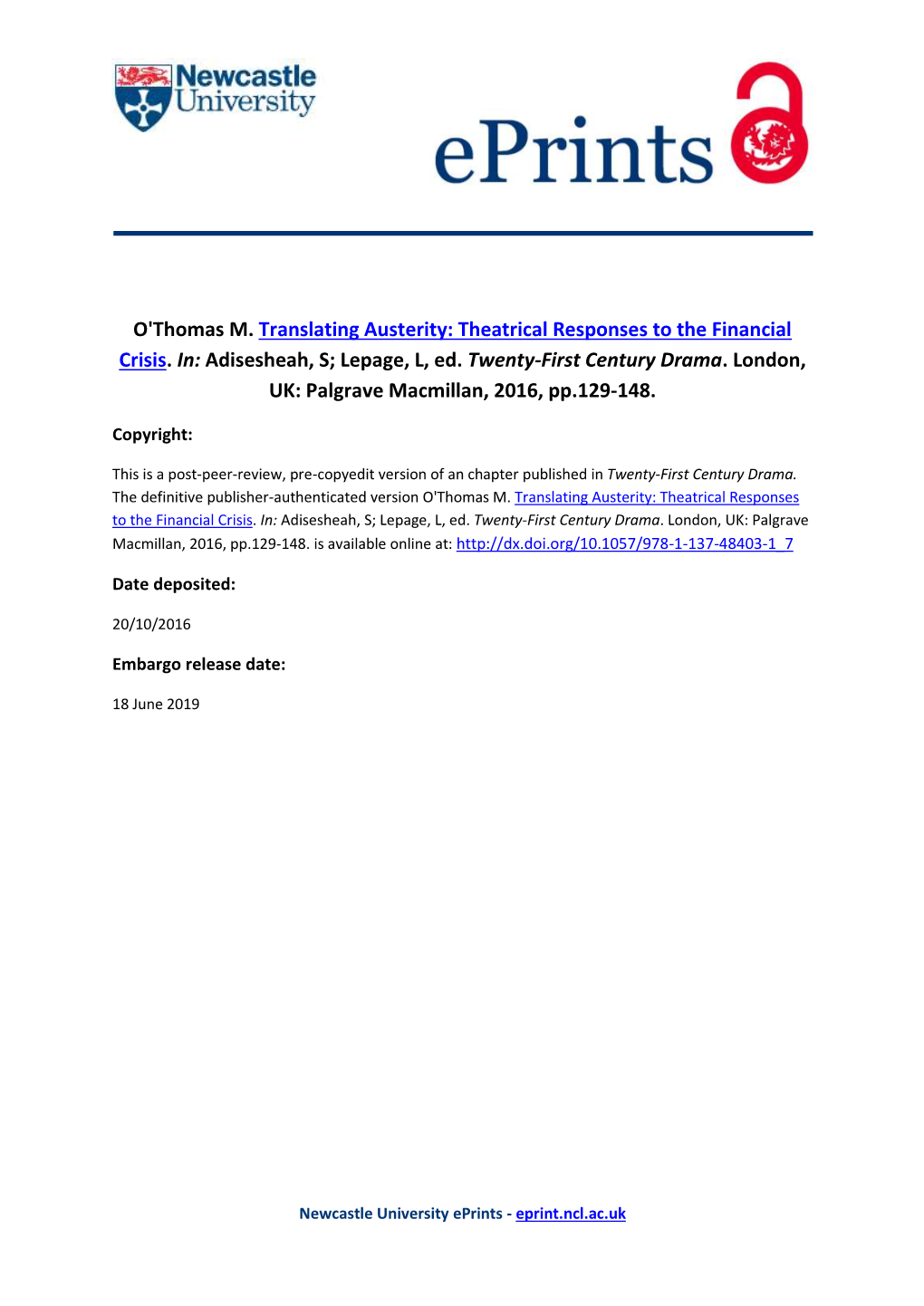 Translating Austerity: Theatrical Responses to the Financial Crisis. In: Adisesheah, S; Lepage, L, Ed