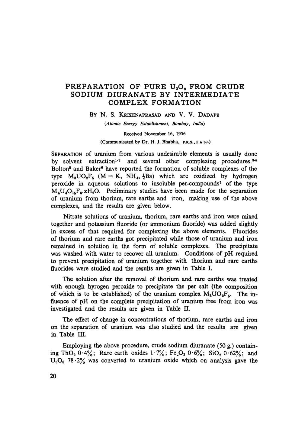 From Crude Sodium Diuranate by Interiv[Ediate Complex Formation by N