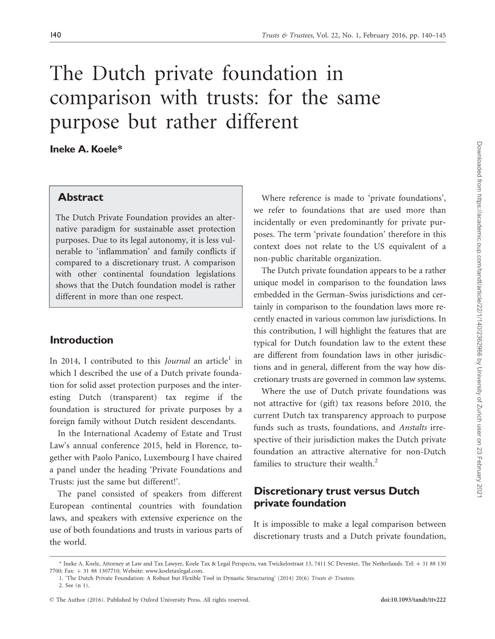 The Dutch Private Foundation in Comparison with Trusts