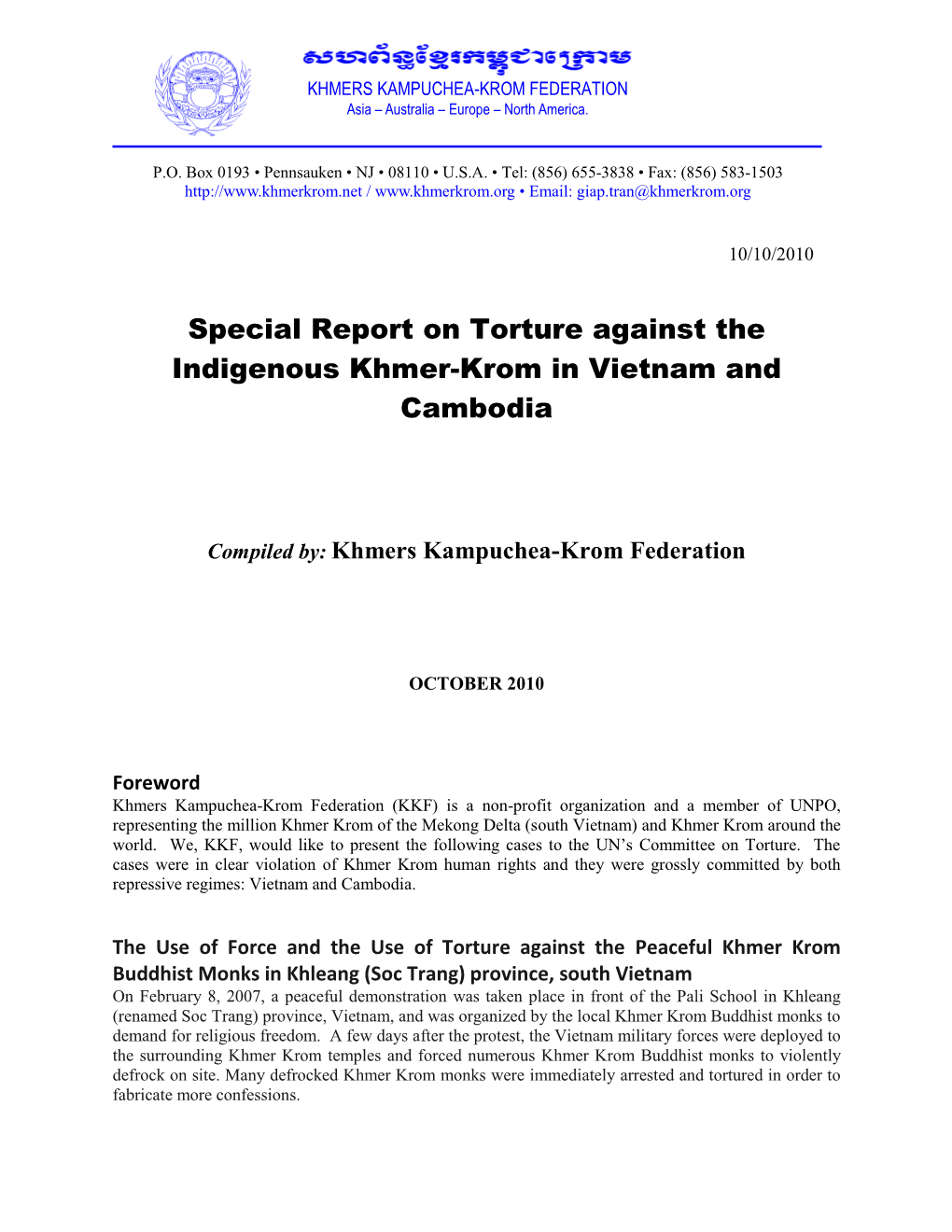 Special Report on Torture Against the Indigenous Khmer-Krom in Vietnam and Cambodia