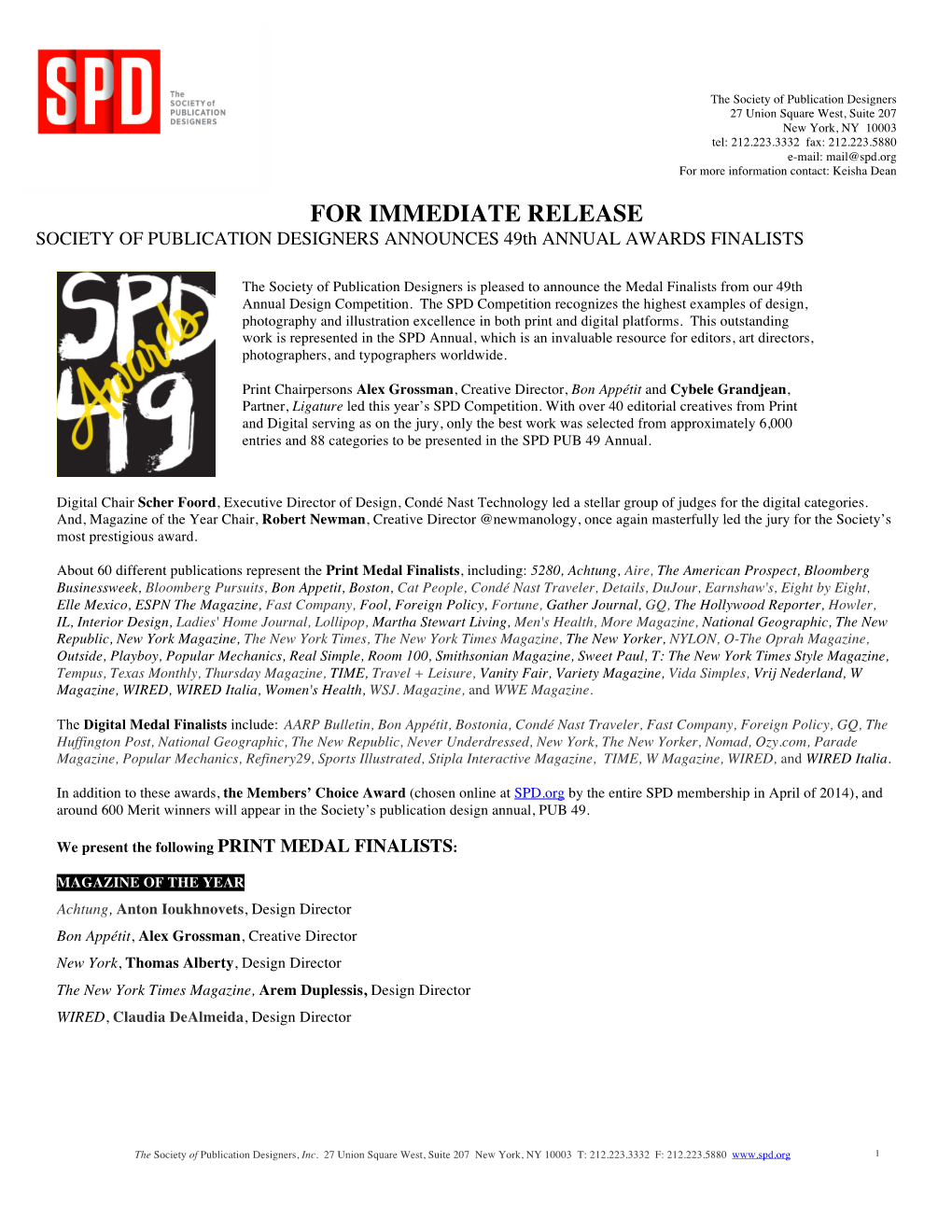 SPD 49 MEDAL FINALISTS Press Release 4-17-14