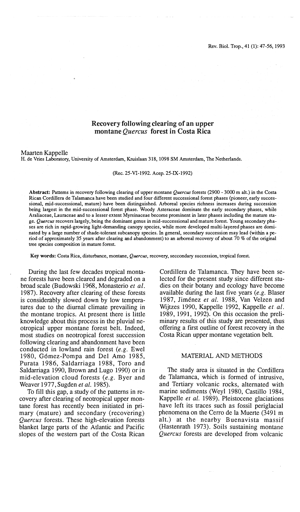 Recovery Following Clearing of an Upper Montane Quercus Forest in Costa Rica