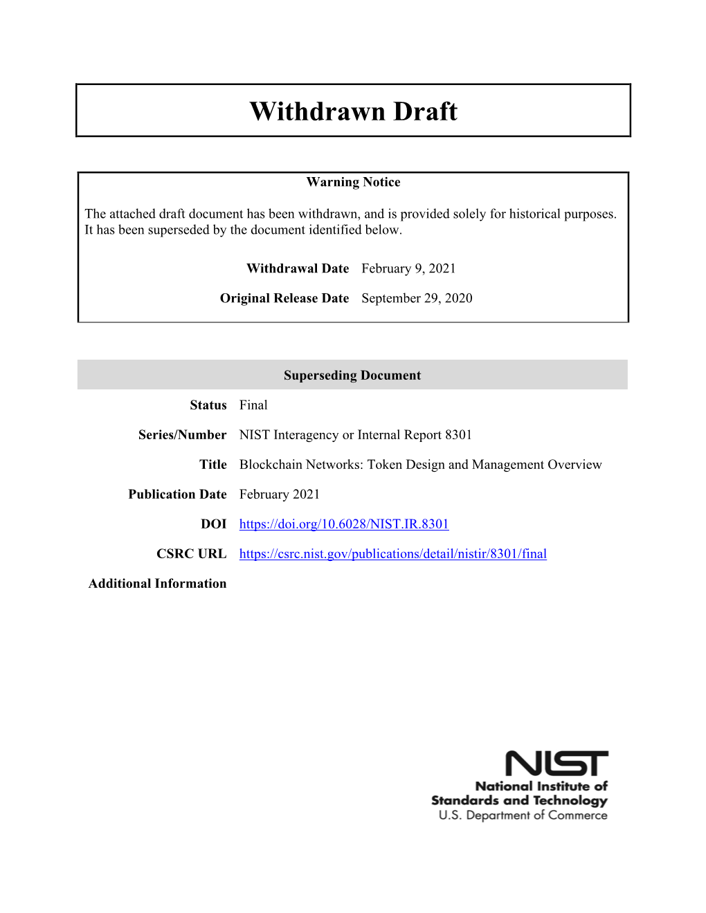 Draft NISTIR 8301, Blockchain Networks: Token Design And